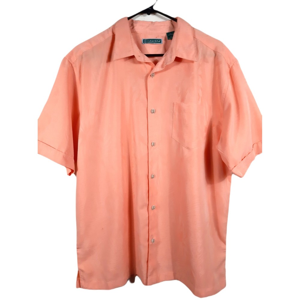 Cubavera Short Sleeved Button Down Shirt Peach Salmon Palm Trees Mens Size Large